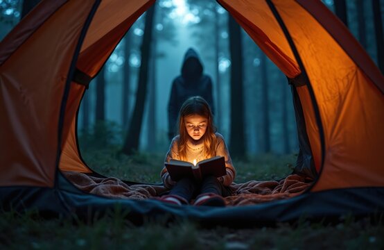 Young girl reading book in forest tent at night. Mysterious shadow looms behind her. Atmospheric scene evokes suspense, intrigue, and a hint of horror.