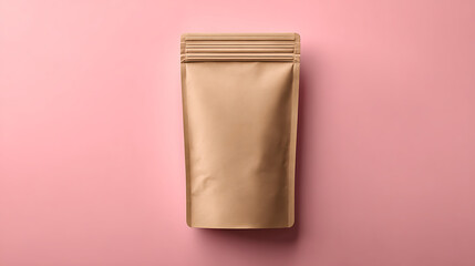 Top Down View of a Light Brown Stand Up Pouch on a Pink Background Minimalist Product Mockup Packaging Template Blank Flexible Packaging