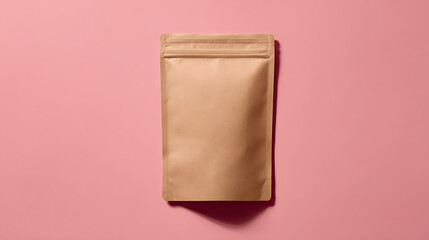 Top Down View of a Light Brown Stand Up Pouch on a Pink Background Minimalist Product Mockup Packaging Template