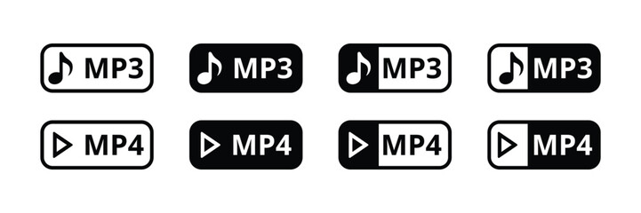 MP3 and MP4 file format icons, black and white, various styles digital media,  clean Vector.