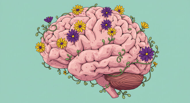 Brain blooming with flowers, symbolizing mental health, growth, and creativity in vibrant colors
