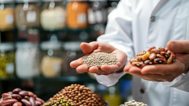 Middle-aged man holding assorted beans in store, various legumes on display