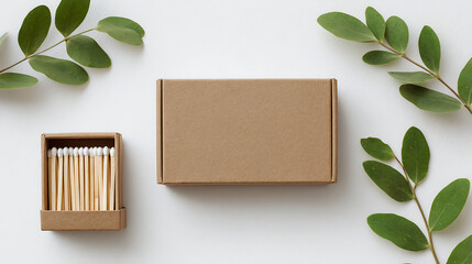 Top Down View of Two Kraft Cardboard Boxes One Containing Wooden Matches with White Tips Surrounded by Green Leaves on White Background