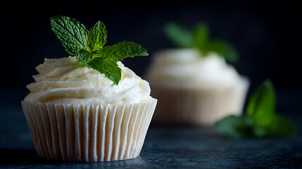 Two Creamy White Cupcakes Topped with Fresh Mint Leaves on Dark Background Closeup Photography creamy cupcake