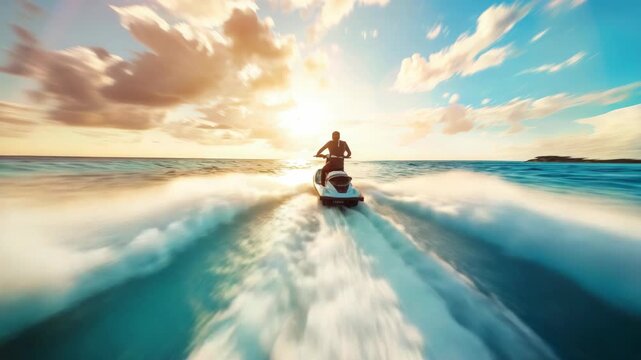 Person jet skiing on ocean at sunset, creating waves