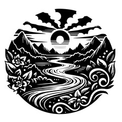 Stylized Black and White Mountain River Landscape with Sun.