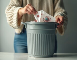 Woman discards used tissue with virus graphics into rubbish bin. Represents elimination of contagion, promoting health, hygiene practices. Focuses on correct disposal for pandemic prevention, safety