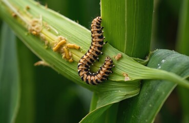 Macro shot of fall armyworm feeding on green maize leaves. Pest infestation damages corn crop in field. Shows worm eating plant stem, leaves. Agricultural problem, organic farming challenge.