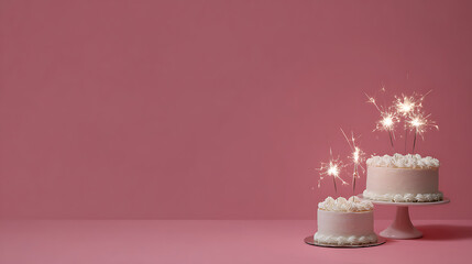 Two white frosted cakes with lit sparklers on pink background minimalist birthday celebration festive dessert sweet treat bakery pastry