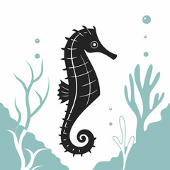 Fototapeta premium Black seahorse swimming among seaweed in underwater environment 