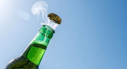 Corked green drink bottle top with a burst of cooling smoke on blue sky background. Banner template refreshing beverage concept for summer party or holiday, menu and advertising with copyspace.
