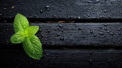Vibrant Green Mint Leaf on Dark Wet Wooden Surface Top Down View High Contrast Photography mint sprig