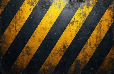 Grunge industrial background features diagonal black, yellow hazard stripes on dark, distressed concrete texture. Weathered surface with worn paint, grime suggests caution, danger, urban construction