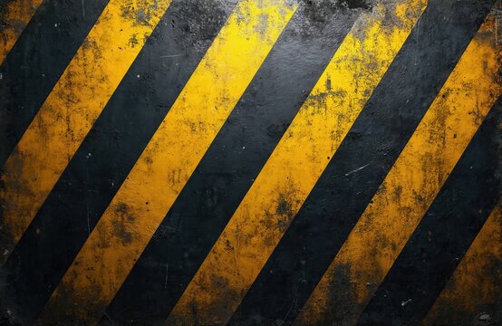 Grunge industrial background features diagonal black, yellow hazard stripes on dark, distressed concrete texture. Weathered surface with worn paint, grime suggests caution, danger, urban construction