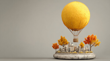 Whimsical Miniature 3 D Render of a Yellow Hot Air Balloon Hovering Over a Small Town with Autumnal Trees on a Circular Stone Base Against a