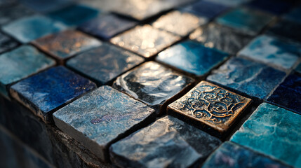 Naklejka premium Mosaic shimmers. Tiles, texture, design, backgrounds, wall, vintage, stone. For web, marketing, interiors.