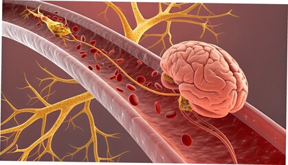 3D scene of stroke in progress — blood clot blocking cerebral artery, neurons dying in affected region, ischemia spreading slowly