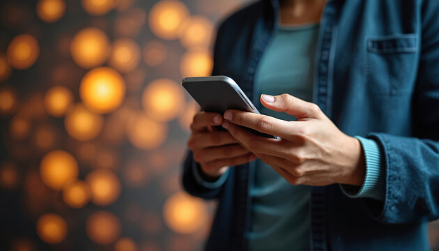 Person using smartphone with blurred Bitcoin background, suggesting risk of mobile cryptocurrency scams, fraudulent apps. Focus on digital finance security, financial risk, data privacy concerns.