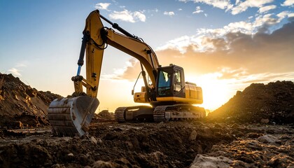 Obraz premium Excavator at sunset