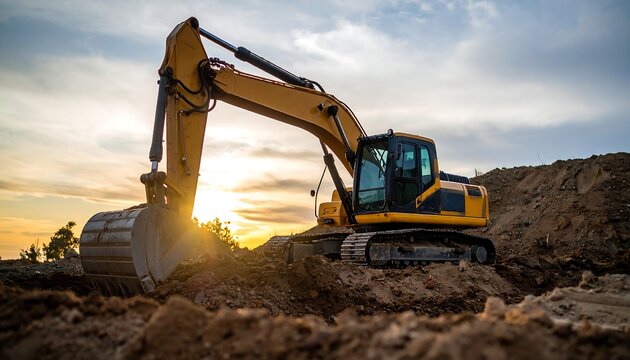 Excavator working on a construction site at sunset