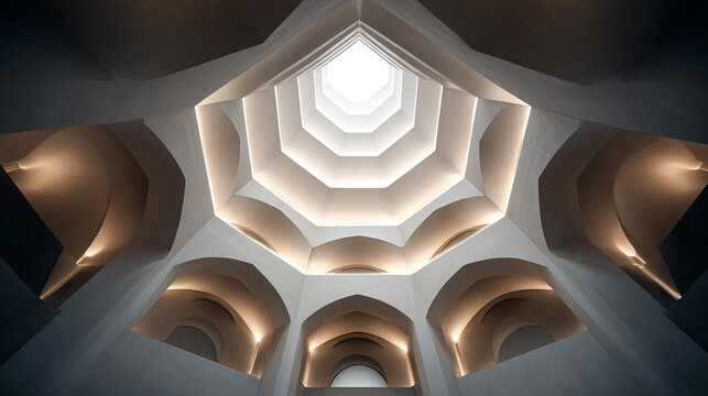 Looks up to abstract, white interior with arched openings and light from skylight. Modern style architecture for marketing, editorial, design, or web use.