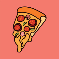 A delicious slice of pepperoni pizza with melted cheese and green peppers on a pink background.