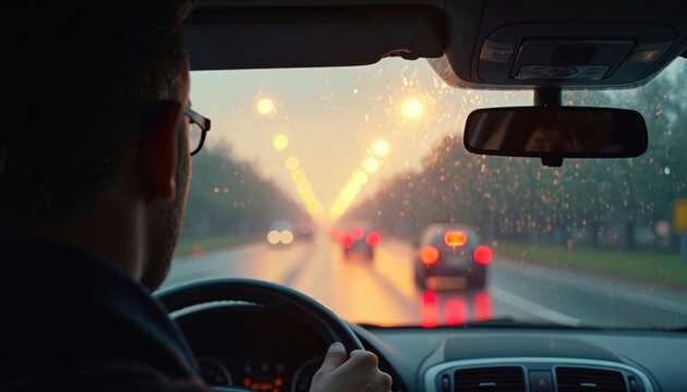 Driver wearing glasses looks ahead through windscreen on rainy evening road. City traffic lights, car headlights blur into streaks of color. Wet road surface reflects red tail lights. Safe journey