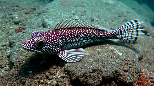 Rocksucker or giant clingfish (Chorisochismus dentex) underwater on a rock with patterened skin