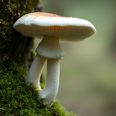 Birch mushroom. Edible fungus growing in moss. White ghost bog bolete. Copy space