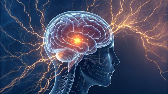 High-detail model of anxiety attack — amygdala hyperactivity, rapid sympathetic nervous system response, brain signals rushing chaotically