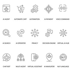 AI & Automation Line Stroke Icons – Editable Vector Set for Payments, Chatbots, Navigation, Voice UI , Smart Assistants ,ai agent, ai cart, ai payment, ai search, chatbot, chat bubble & more.