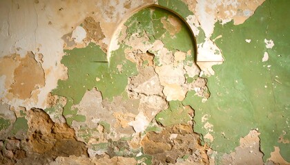 Aged wall with peeling paint and arched niche