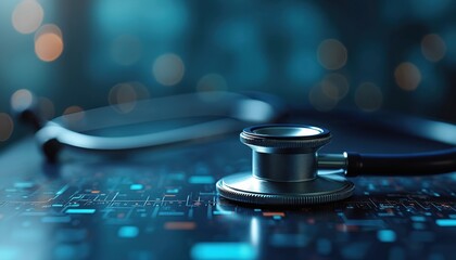 Stethoscope rests on glowing digital circuit board, advanced AI in healthcare. Generative AI models transform medicine, diagnostics, patient treatment through data processing, smart algorithms.
