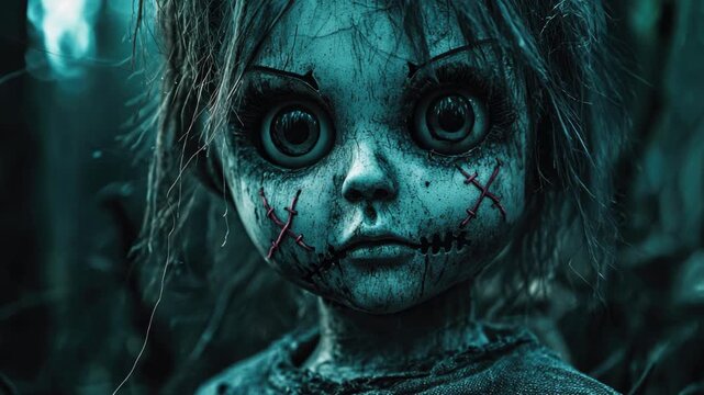 Creepy doll in dark forest at Halloween night, scary character like horror movie in spooky woods.