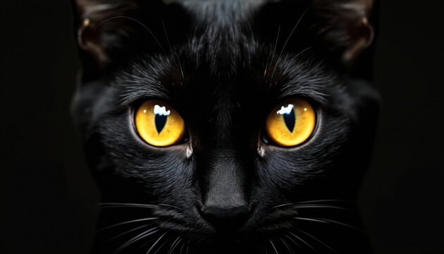 Black cat face close-up with striking yellow eyes against dark background. Offers ample copyspace for creative text, marketing. Mysterious, captivating feline portrait. Animal shiny fur, intense gaze. - Powered by Adobe