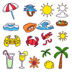 Illustration of summer themed icons including sun, beach umbrella, crabs, and tropical drinks design