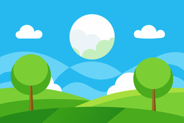 Obraz premium Inviting 2D Cartoon Illustration Of A Rolling Green Hills Background