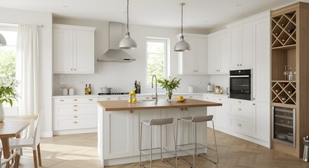 Fototapeta premium Bright, modern kitchen with an island, white cabinets, and pendant lights.