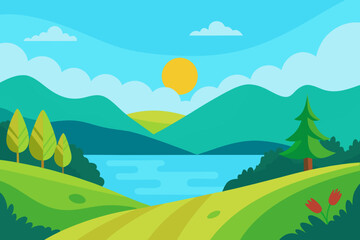 Obraz premium Peaceful Expansive Landscape Illustration Detailed Serene Natural Vista