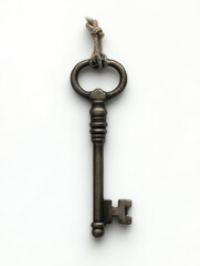 Floating skeleton key with soft shadow on white background