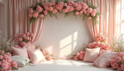 Elegant pink floral maternity backdrop with soft pillows, drapes. Features rich roses, green plants creating romantic, cosy setting for weddings, celebrations. Perfect for baby showers, engagement
