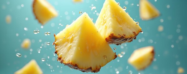 Juicy pineapple slices, chunks suspended mid-air with splashing water droplets. Vibrant yellow fruit pieces feature textured skin, floating against bright blue background. Captures freshness, dynamic