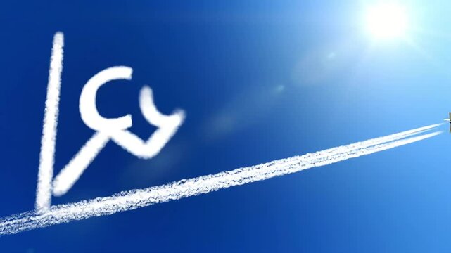 Airplane contrail forming a graph indicating rising CO2 emissions against a bright blue sky.