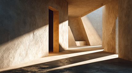 Light streams through beige architectural space. Interior design element for web, editorial, or marketing.