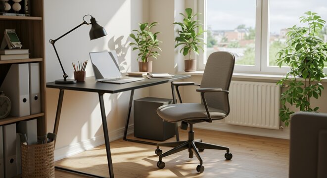 A modern home office space with a laptop, desk, chair, and plants, bathed in natural light.