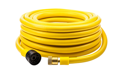 Durable yellow garden hose coiled and ready for summer watering, perfect for gardening and outdoor use