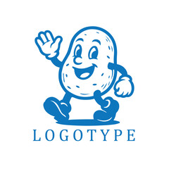 A joyful blue and white cartoon potato wearing boots and gloves, styled in a retro vibe. Bold lines and vintage charm make it perfect for playful, nostalgic branding.