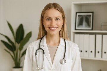 Beautiful blonde female doctor with stethoscope wearing her white doctor clothing is smiling on camera in the hospital 