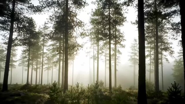 Misty Morning in a Tranquil Pine Forest with Golden Sun Rays Breaking Through