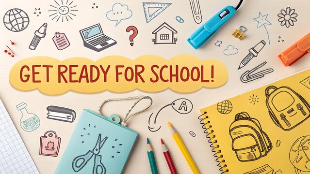 Get ready for school supplies and drawings isolated on white background